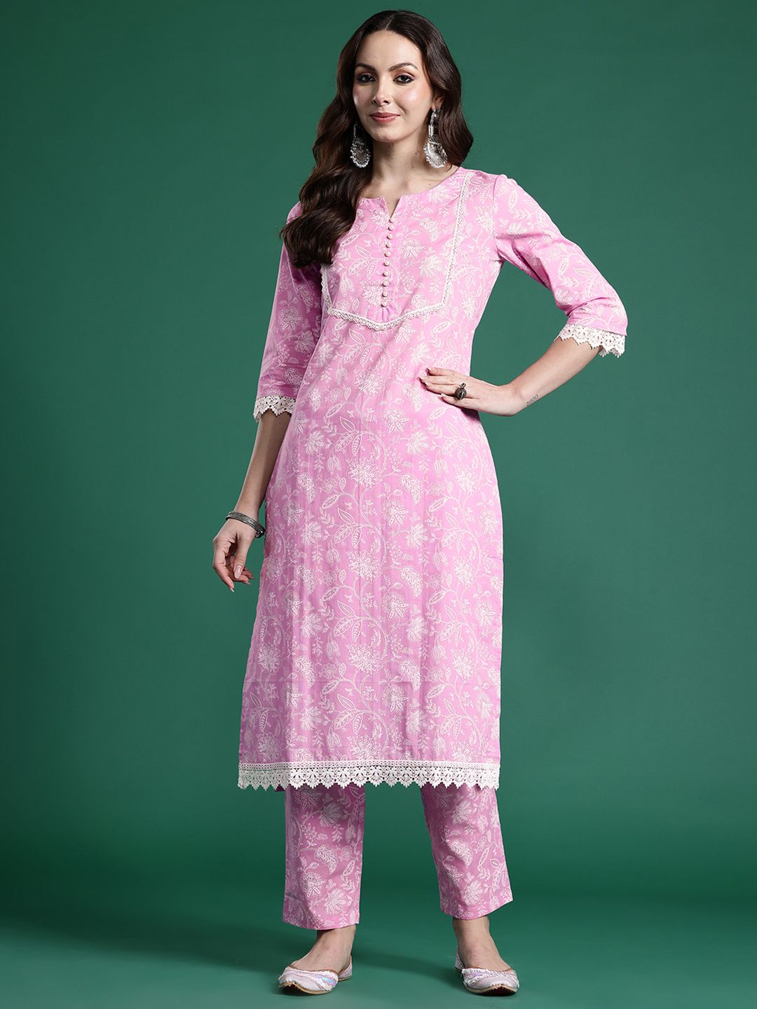 Dhiyona IE Women Floral Printed Regular Pure Cotton Kurta with Trousers