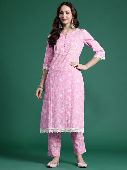 Dhiyona IE Women Floral Printed Regular Pure Cotton Kurta with Trousers