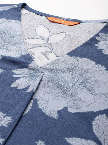 Dhiyona IE V-Neck Floral Printed Pleat Detailed Kurta with Trousers