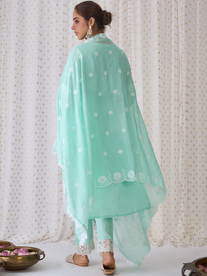 Dhiyona IE Floral Embroidered Regular Thread Work Pure Cotton Straight Kurta Set