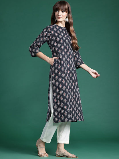 Dhiyona IE Ethnic Motifs Printed Kantha Work Pure Cotton Kurta
