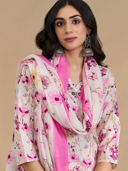 Women Floral Printed Regular Thread Work Pure Cotton Kurta with Trousers & With Dupatta