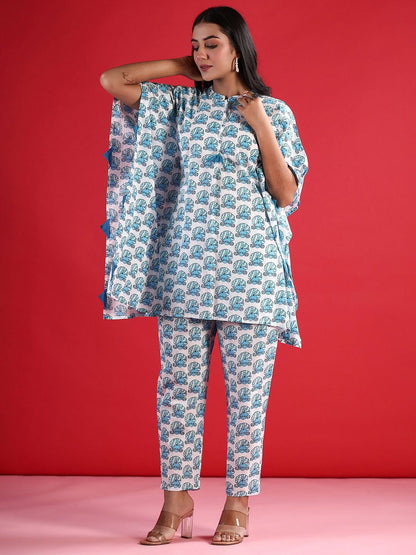 Dhiyona IE Printed Pure Cotton Mandarin Collar Neck Top & Flared Trouser Co-Ords