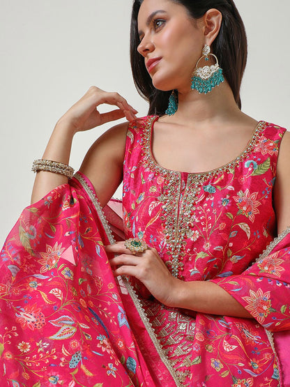 Dhiyona SO Women's Floral Embroidered Regular Zardozi Straight Kurti with Palazzos & Dupatta