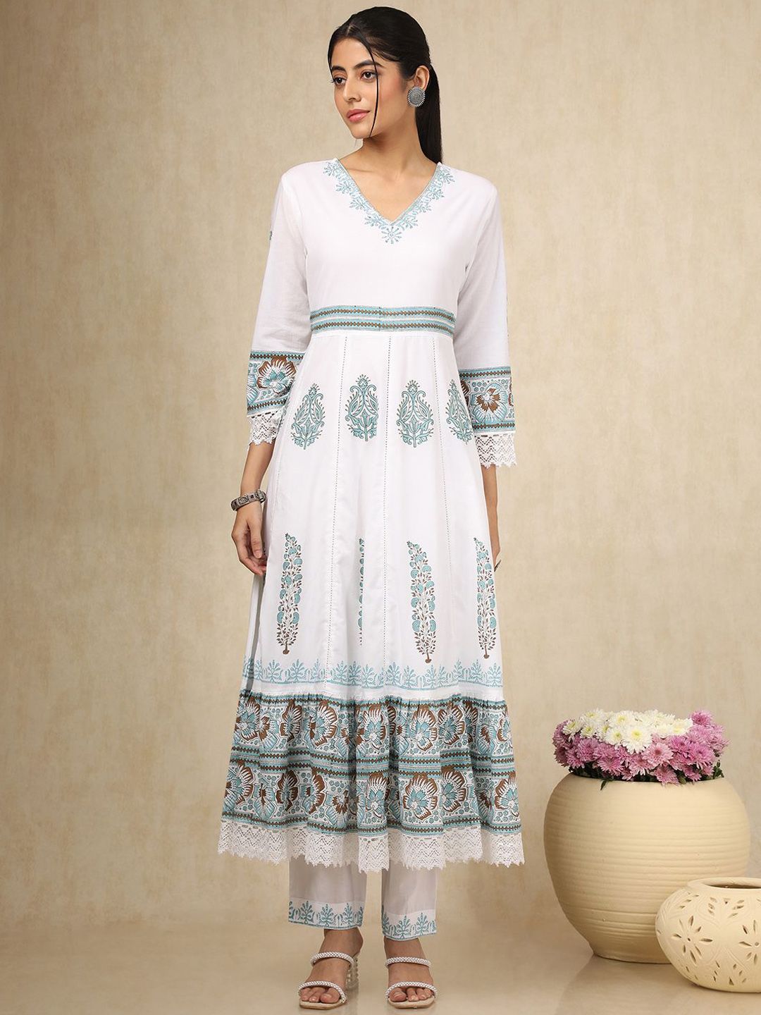 Dhiyona SO Women's Ethnic Motifs Printed Anarkali Kurta With Trousers And Dupatta