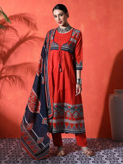 Dhiyona SN Women's Floral Embroidered 100% Cotton Round Neck Kurta & Trousers With Dupatta