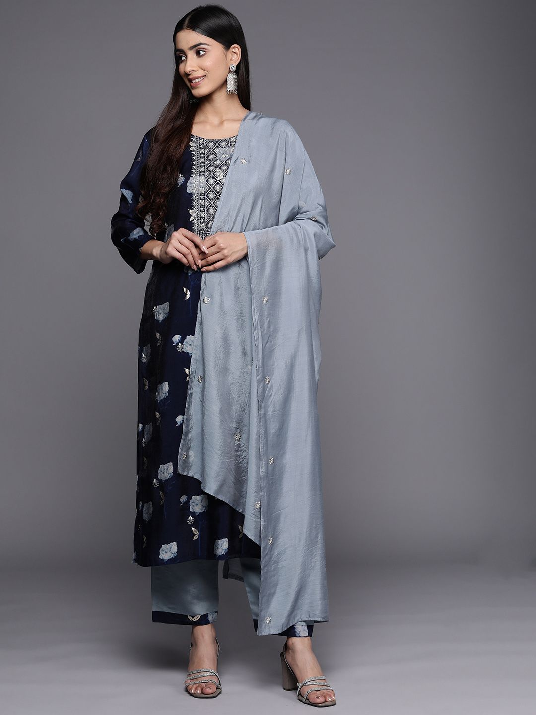 Dhiyona VA Women'sFloral Yoke Design Sequinned Chanderi Silk Kurta with Trousers & With Dupatta
