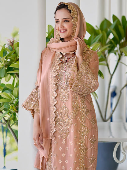 Dhiyona IE Ethnic Motifs Embroidered Sweetheart Neck Straight Kurta With Trousers & Dupatta
