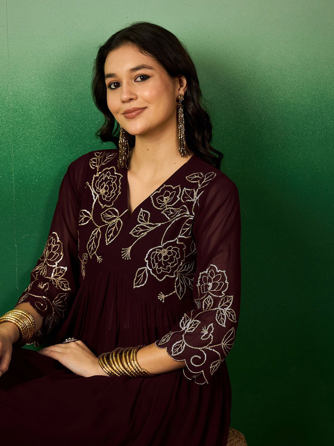 Dhiyona SN Women's Brown Floral Embroidered V-Neck A-Line Kurta With Palazzo Set