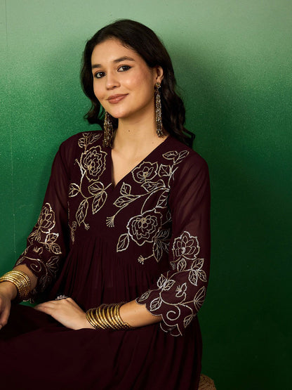 Dhiyona SN Women's Brown Floral Embroidered V-Neck A-Line Kurta With Palazzo Set