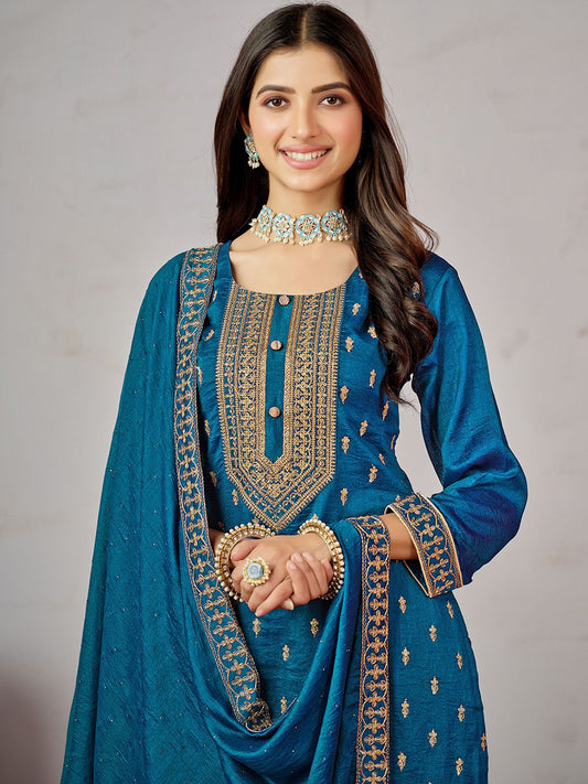 Dhiyona SN Women's Blue Ethnic Motifs Embroidered Kurta with Churidar & Dupatta