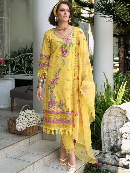 Women Floral Embroidered Regular Sequinned Pure Cotton Kurta with Trousers & With Dupatta