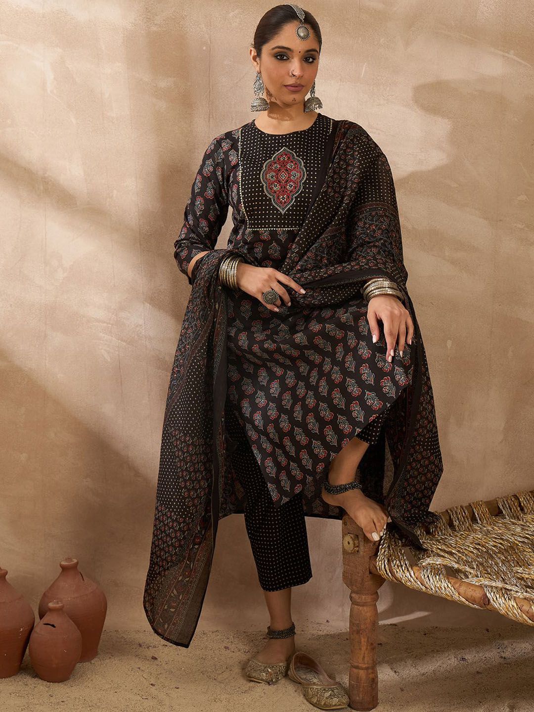 Women Ethnic Motifs Printed Regular Thread Work Pure Cotton Kurta with Trousers & With Dupatta