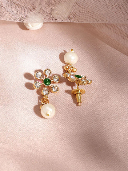 Dhiyona RJ Women's 22K Gold Plated Emerald & Zirconia Studded Necklace Set with Gold & Pearl Beaded