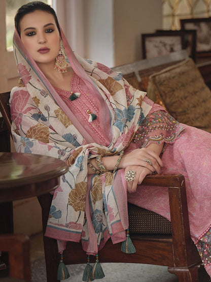 Dhiyona IE Floral Printed Thread Work Linen Kurta Set