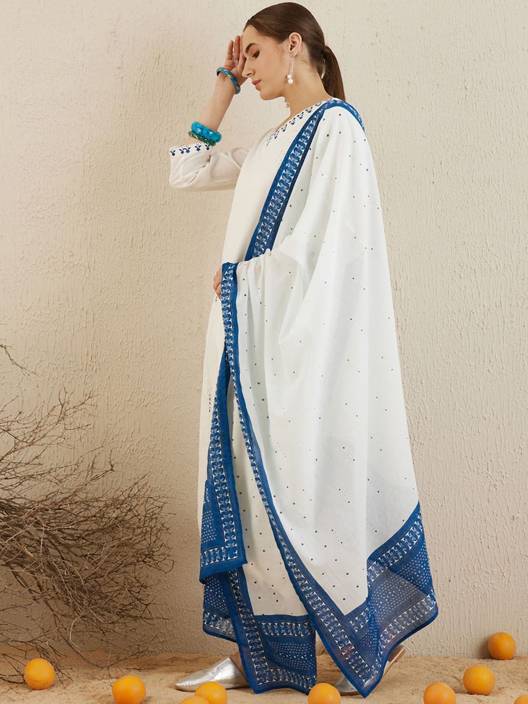 Dhiyona IE Ethnic Motifs Embroidered Thread Work Pure Cotton Kurta with Trousers & Dupatta