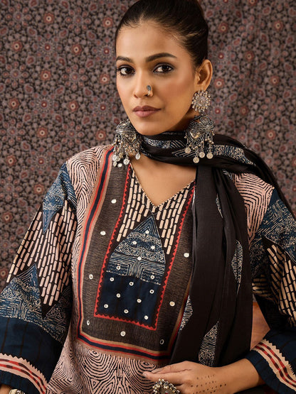 Dhiyona IE Women Ethnic Motifs Printed Regular Beads and Stones Pure Cotton Kurta with Trousers & With Dupatta