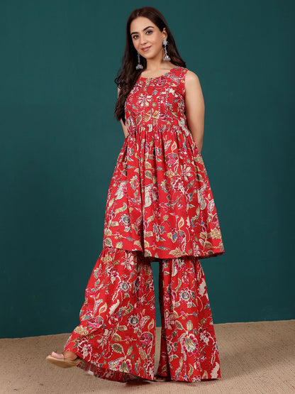 Dhiyona VA Women's Floral Printed Regular Thread Work Pure Cotton Kurta with Sharara