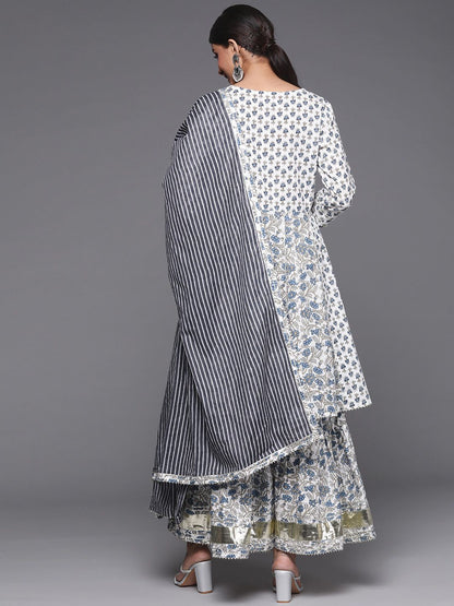 Dhiyona VA Women's White Ethnic Motifs Printed Pure Cotton Kurta with Trousers & With Dupatta