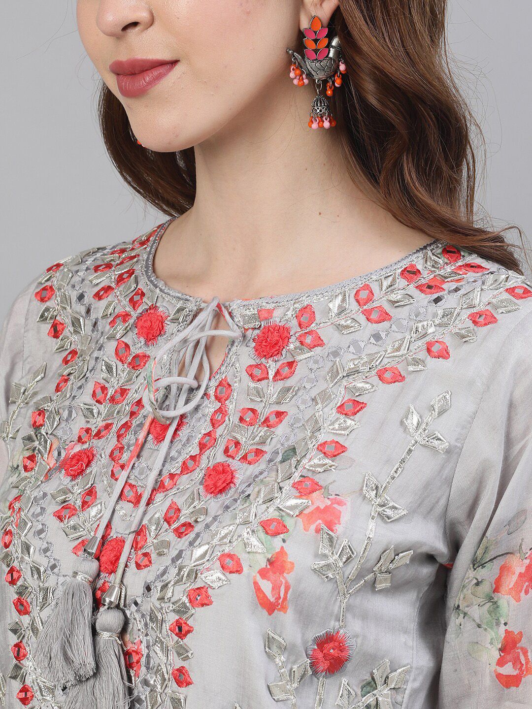 Dhiyona IS Women's Floral Embroidered Mirror Work Pure Silk Kurta with Sharara & Dupatta