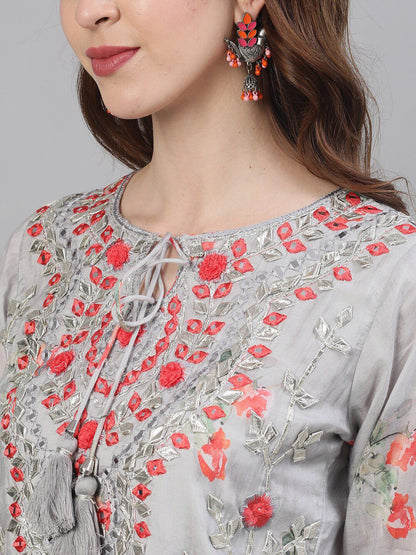 Dhiyona IS Women's Floral Embroidered Mirror Work Pure Silk Kurta with Sharara & Dupatta
