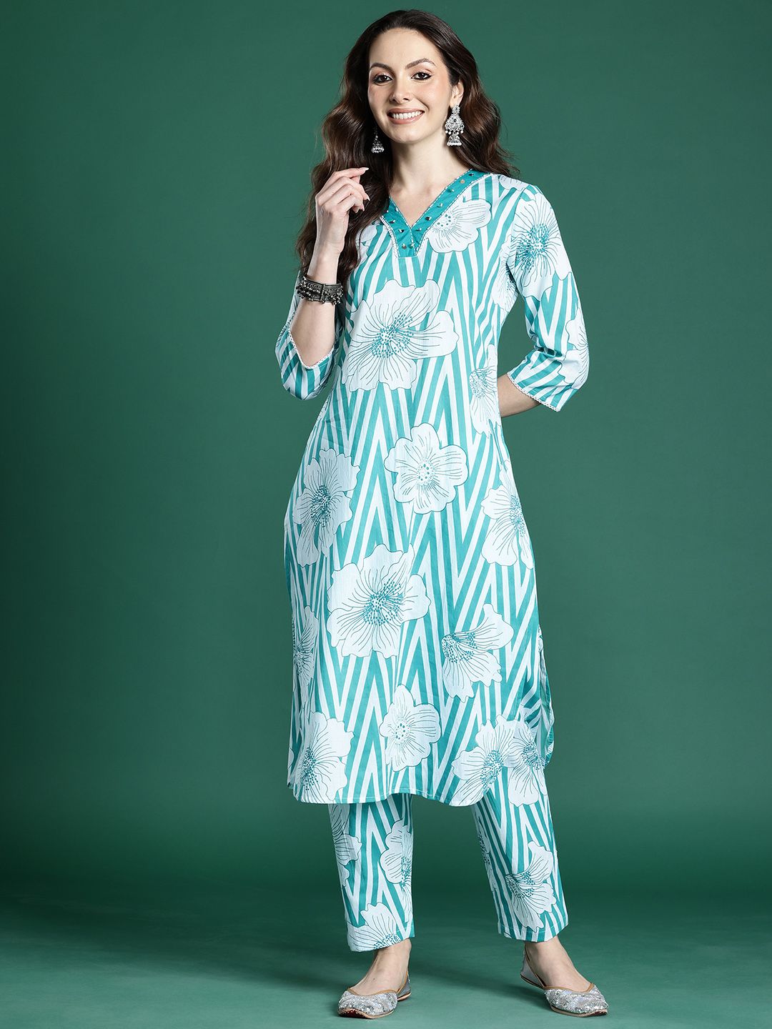 Floral Printed Pure Cotton Kurta with Trousers