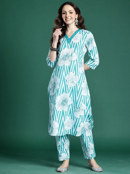 Floral Printed Pure Cotton Kurta with Trousers