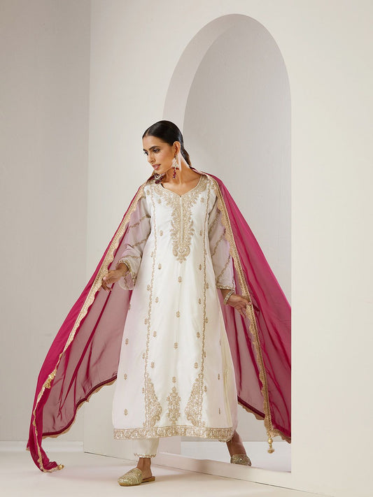 Dhiyona IS Women's Off White Ethnic Motifs Embroidered Straight Kurta With Trousers & Dupatta