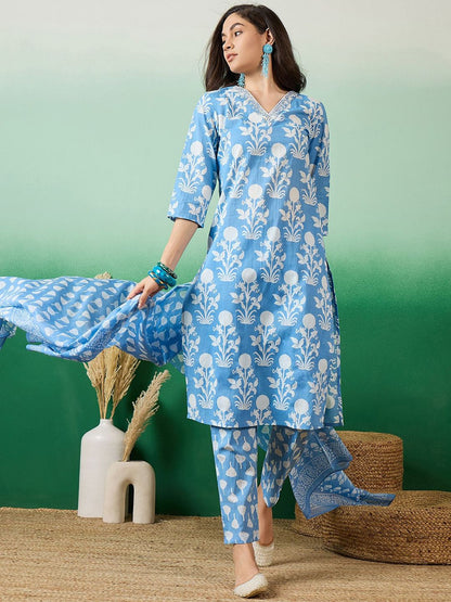 Dhiyona SN Women's Printed & Embroidered Pure Cotton Straight Kurta With Trouser & Dupatta Set