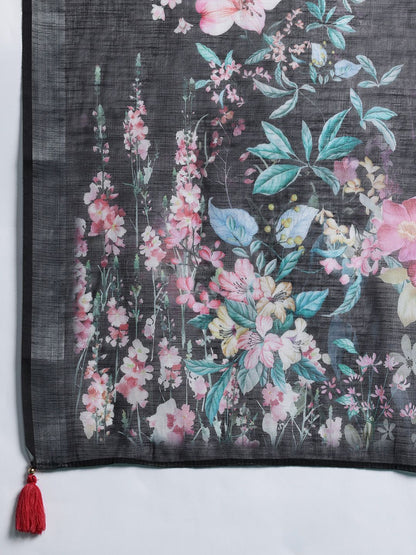 Floral Embroidered Thread Work Linen Kurta With Trousers & Dupatta