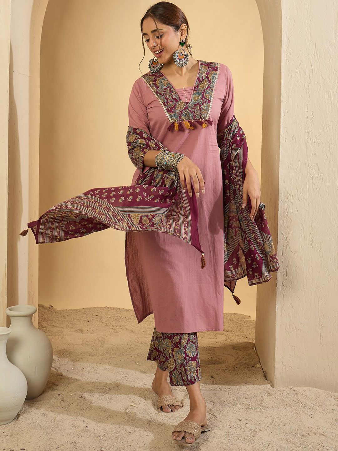 Dhiyona IE Floral Yoke Design V-Neck Pure Cotton Straight Kurta With Trousers & Dupatta