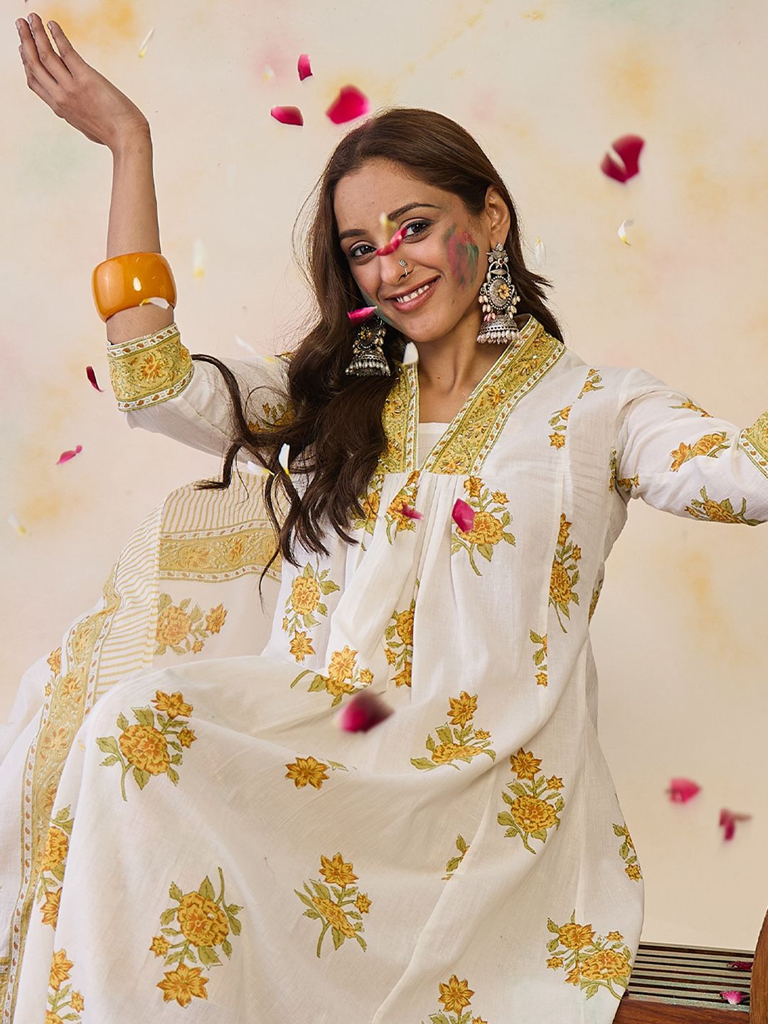 Floral Printed Pleated Beads and Stones Pure Cotton Kurta with Trousers & Dupatta