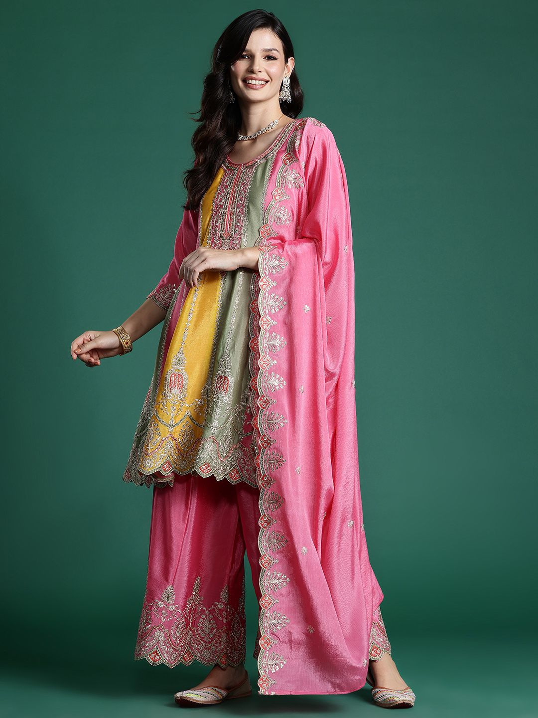 Dhiyona IE Ethnic Motifs Embroidered Panelled Sequinned Kurta With Palazzos & Dupatta