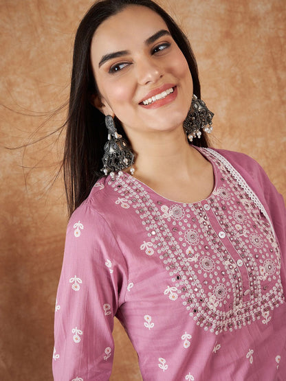Dhiyona SN Women's Floral Printed Pure Cotton Kurta With Trousers & Dupatta