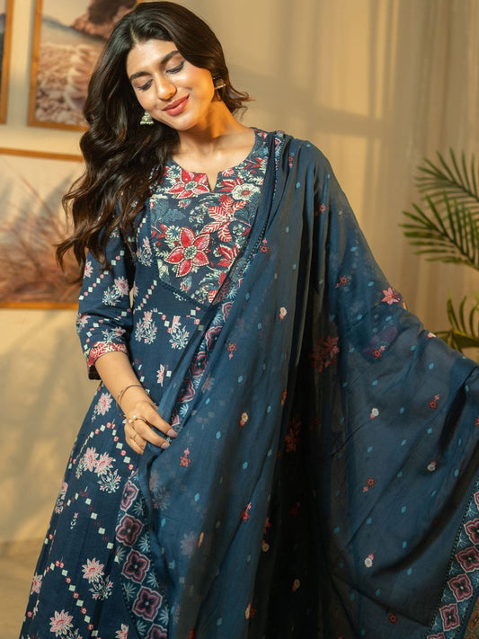 Dhiyona IE Floral Printed Beads & Stones Pure Cotton A-Line Kurta With Trousers & Dupatta