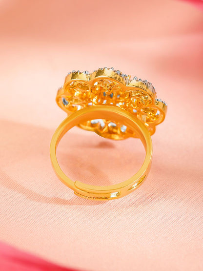 Dhiyona RJ Women's 22K Gold-Plated Floral Design Cubic Zirconia Studded Adjustable Finger Ring