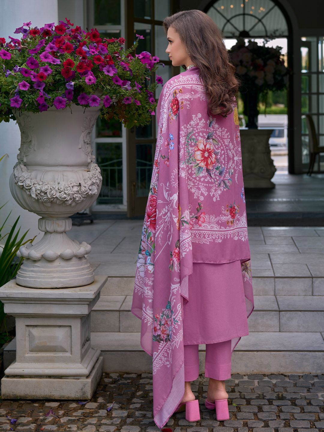 Floral Embroidered Mirror Work Pure Cotton Kurta With Trousers & Dupatta