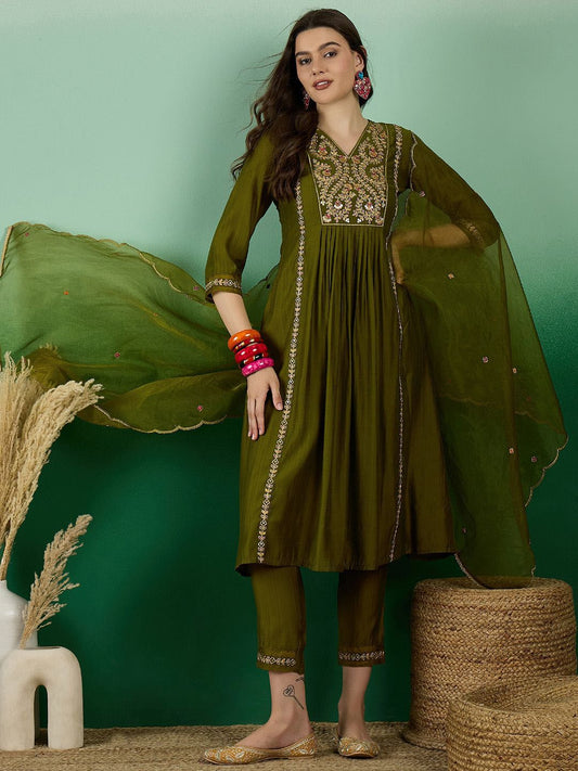 Dhiyona SN Women's Green Yoke Design Thread Work Pleated A-line Kurta With Trouser & Dupatta