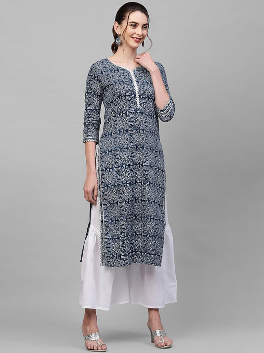 Dhiyona IE Women Navy Blue & White Ethnic Motifs Printed Kurta