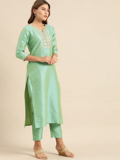 Dhiyona VA Women's Sea Green & Gold-Toned Embroidered Kurta with Trousers & Dupatta