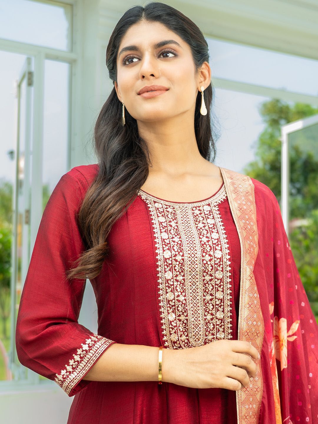 Ethnic Motifs Embroidered Sequinned A Line Kurta With Trousers & Dupatta
