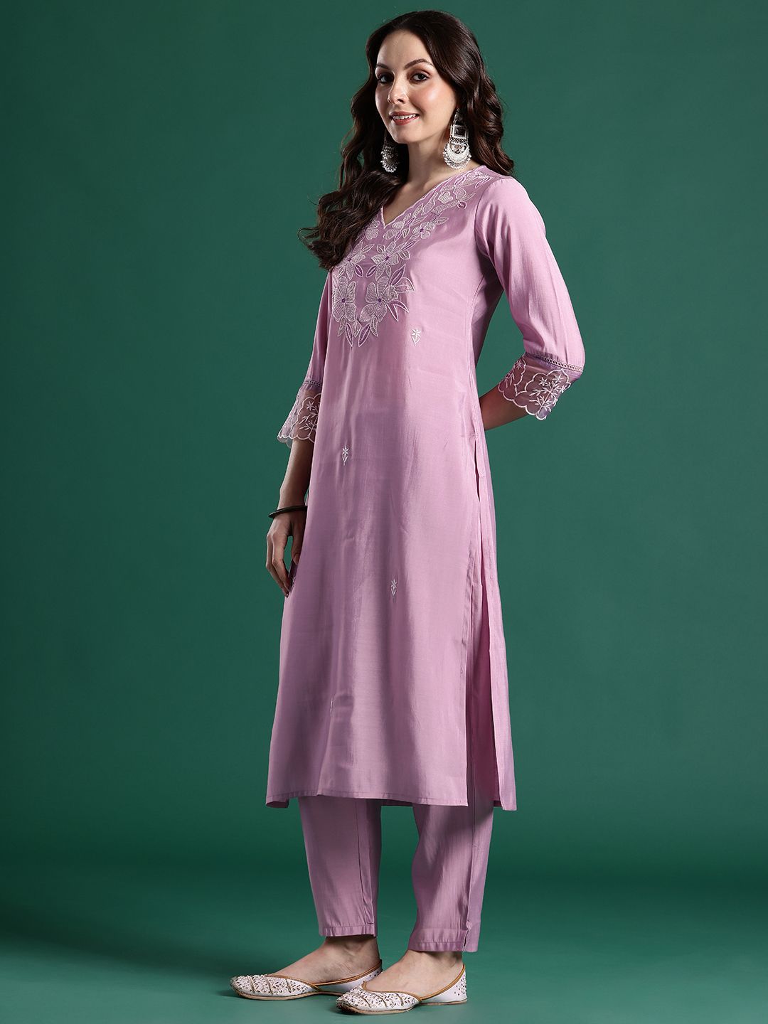Floral Embroidered Kurta with Trousers & Dupatta
