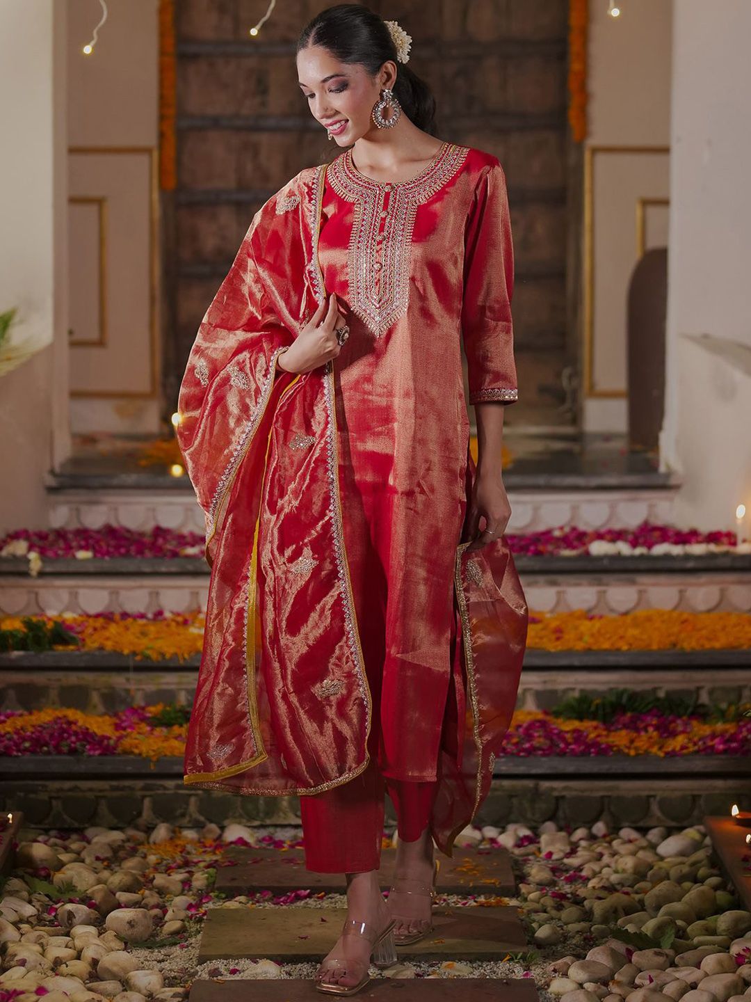 Women Ethnic Motifs Embroidered Sequinned Liva Kurta with Trousers & With Dupatta