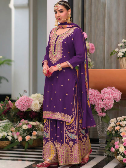 Floral Embroidered Sequinned Chinon Straight Kurta With Palazzos & Dupatta