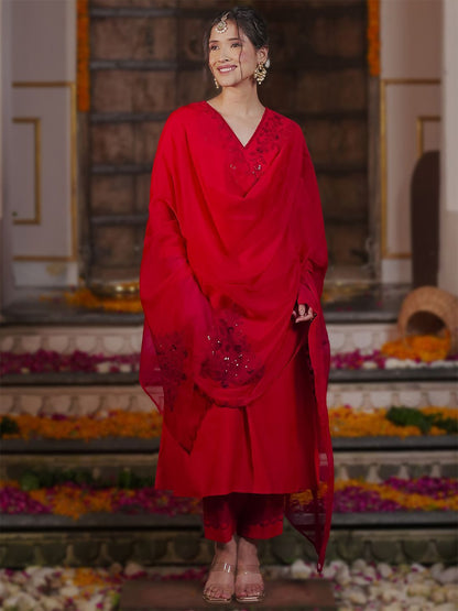 Women Embroidered Regular Sequined Kurta with Trousers & With Dupatta