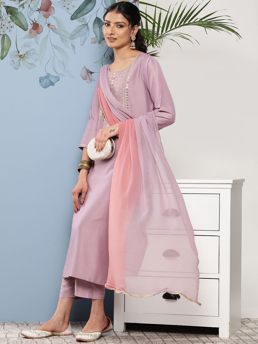 Dhiyona VA Women's Floral Embroidered Sequinned Kurta With Trousers & Dupatta