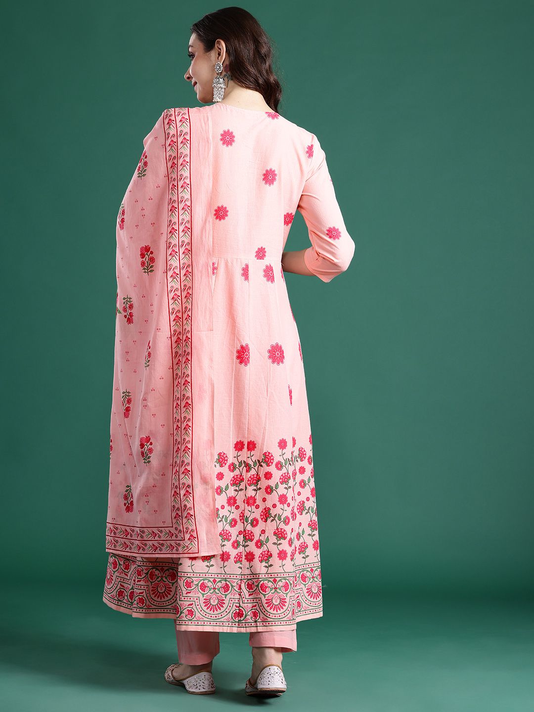 Floral Printed Beads & Stones Pure Cotton Kurta With Trousers & Dupatta
