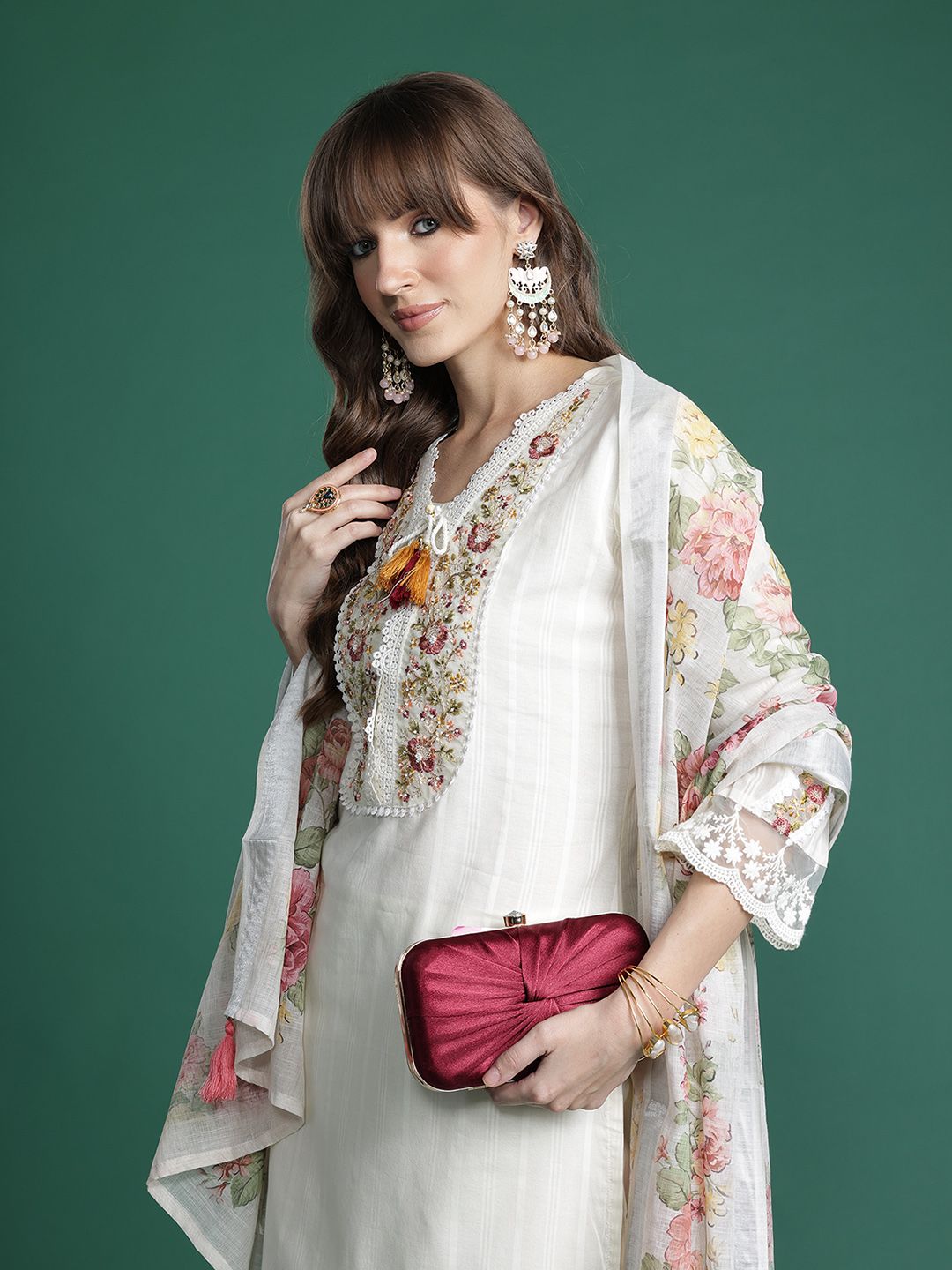 Floral Embroidered Regular Linen Kurta with Trousers & Dupatta