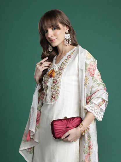 Floral Embroidered Regular Linen Kurta with Trousers & Dupatta