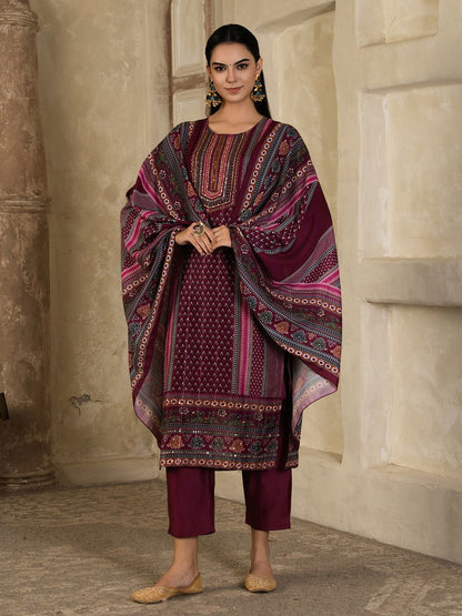 Dhiyona SN Women's Floral Printed Round Neck Silk Blend Straight Kurta With Trousers & Dupatta